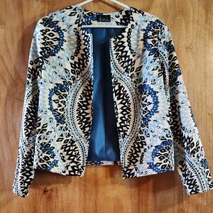 Hazan Womens Cotton/Spandex Open Front Ikat Print Jacket Blue Black White XL